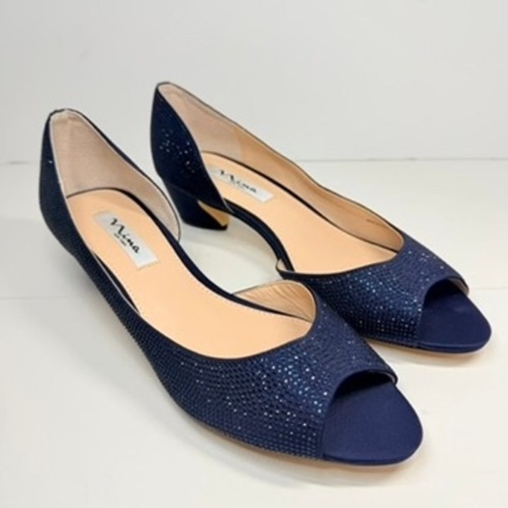 Nina Navy Blue Sparkle Peep-Toe Low Heels